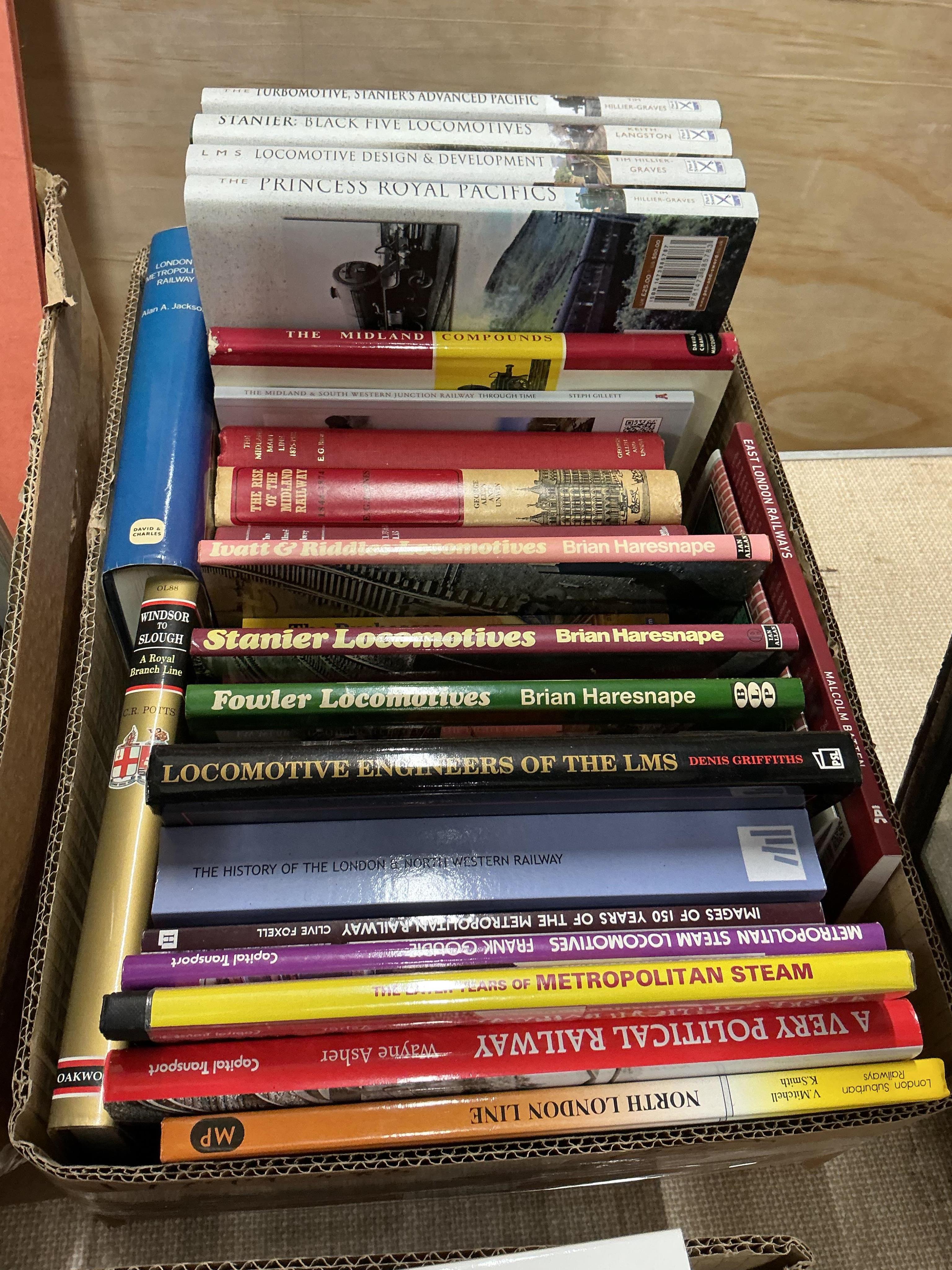 Three boxes of railway related books, subjects include; James Watt, Steam Engine Theory, LMS Locomotive Design & Development, Locomotive Engineers of the LMS, Fowler Locomotives, World Atlas of Railways, Steam on Canvas,